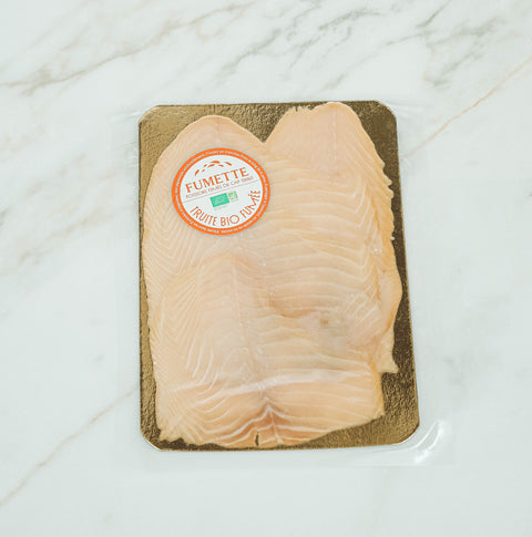 Grandes tranches de truite bio fumée nature, artisan Fumette, épicerie fine